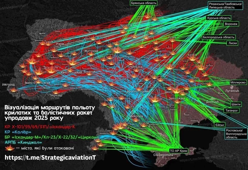 Карта України, розфарбована ворожими крилатими та балістичними ракетами